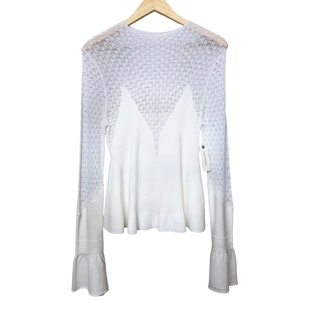 Anthropologie Ivory Crochet Lace Ribbed Peplum Top‎ Bell Sleeve Size M NEW